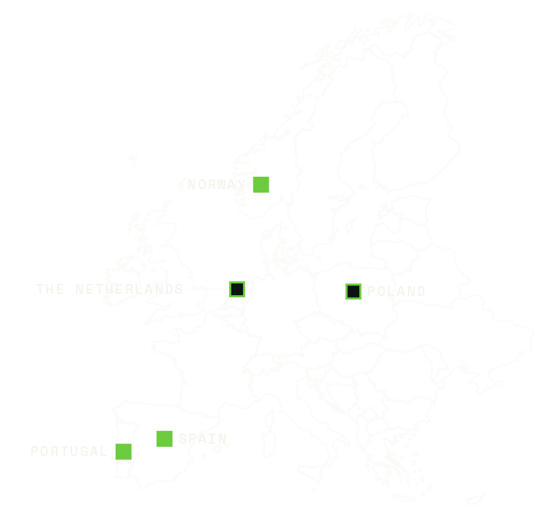 Map of Europe showing where Hypha Energy has partners: active in Portugal, Spain and Norway, being set up in the Netherlands and Poland.